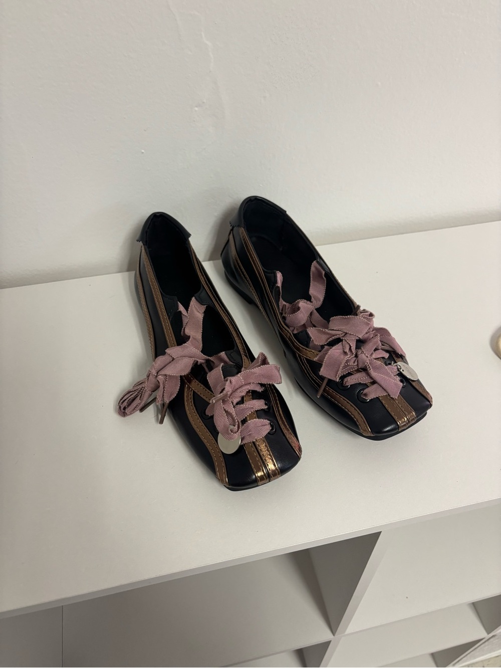 Black Flats with Pink Ribbon Laces and Bronze Trim